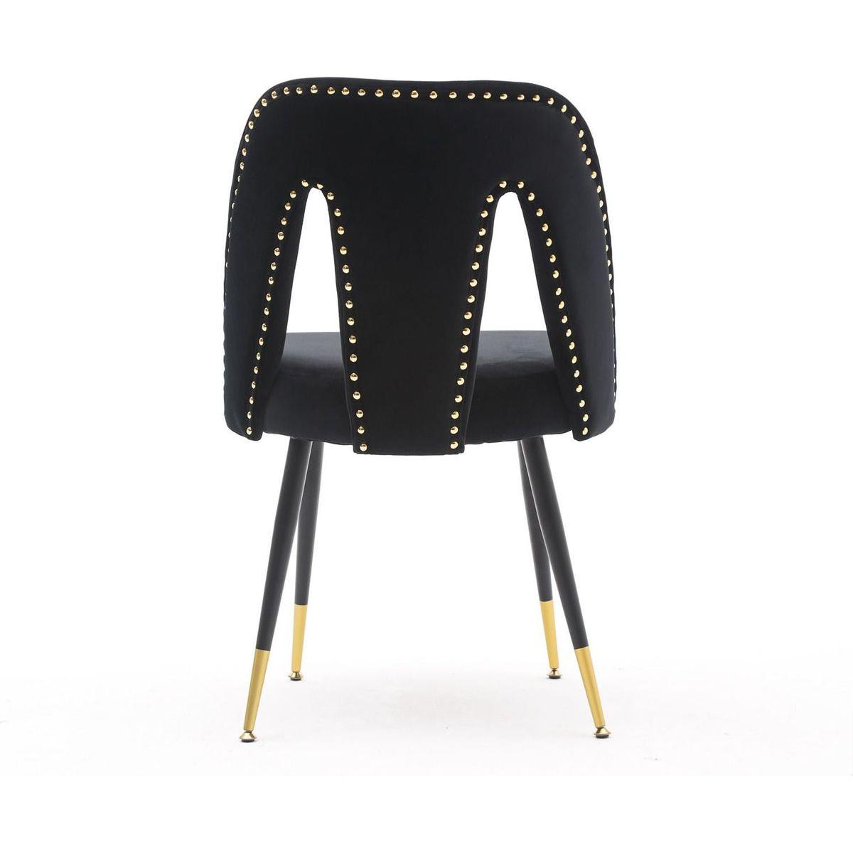 Akoya Collection Modern Contemporary Velvet Upholstered Dining Chair with Nailheads and Gold Tipped Black Metal Legs, Black, Set of 2