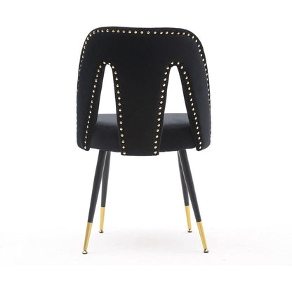 Akoya Collection Modern Contemporary Velvet Upholstered Dining Chair with Nailheads and Gold Tipped Black Metal Legs, Black, Set of 2