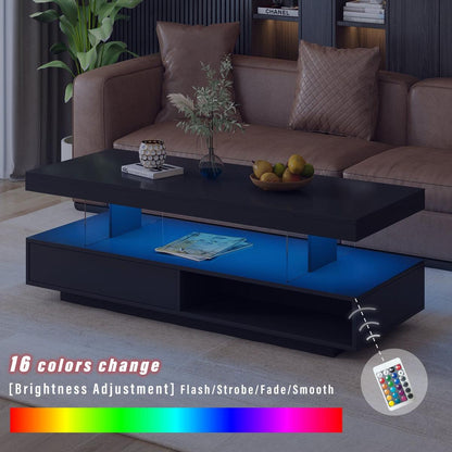 LED Coffee Table with Storage, Modern Center Table with 2 Drawers and Display Shelves, Accent Furniture with LED Lights for Living Room,Black