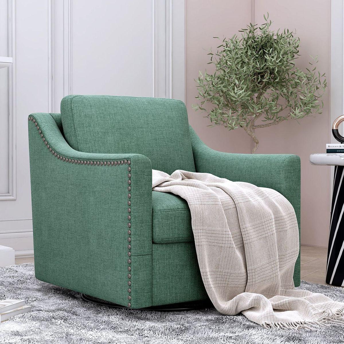 360 Degree Swivel Armchair Cotton linen skin-friendly fabric Ergonomic design Brass nail decorative armchair Living room chairs Bedroom chairs Living room chairs Black legs Suitable for indoor homes