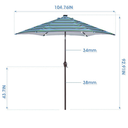 Outdoor Patio 8.7-Feet Market Table Umbrella with Push Button Tilt and Crank, Blue Stripes With 24 LED Lights[Umbrella Base is not Included]