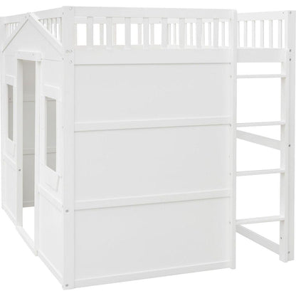 Full Size House Loft Bed With Ladder-White