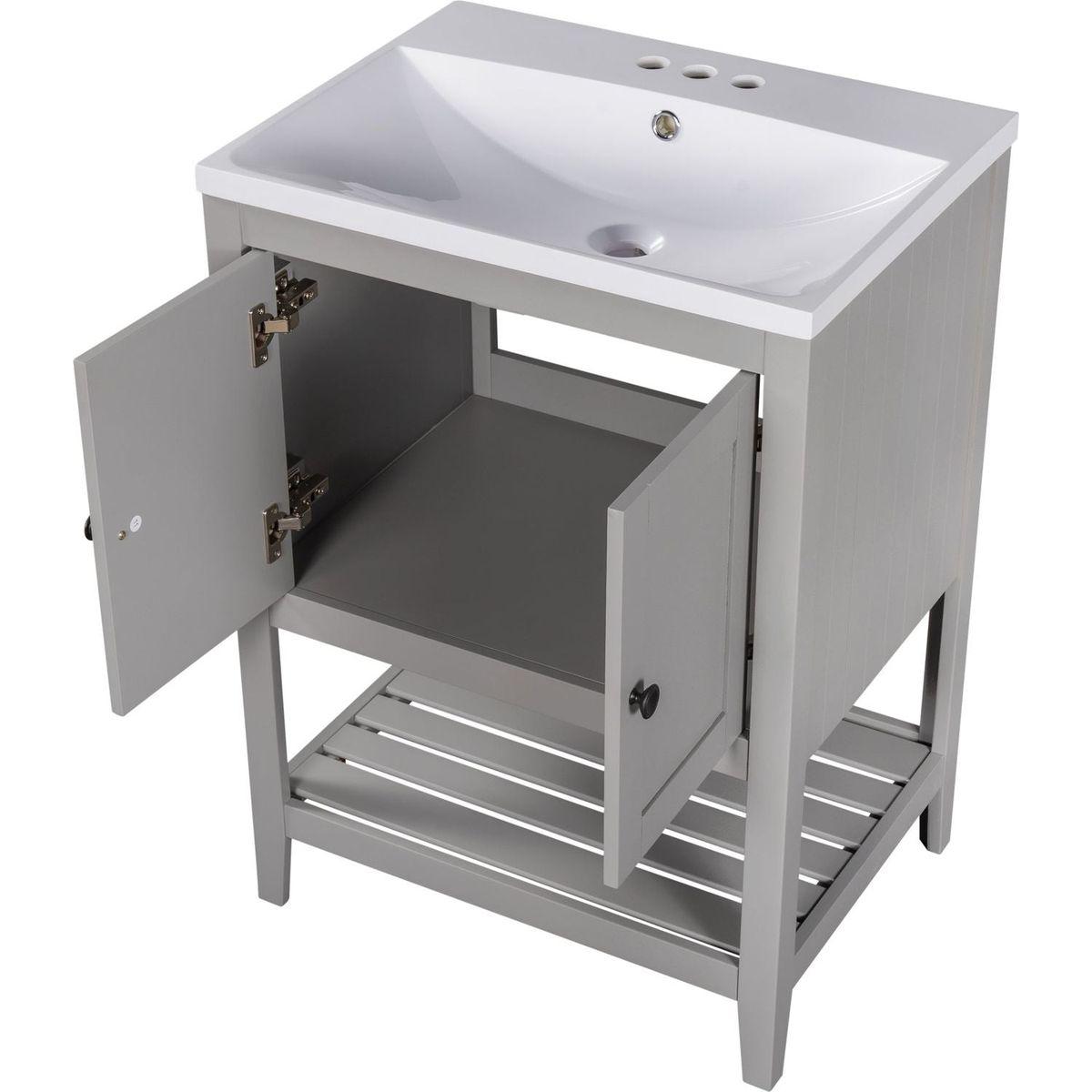 24" Grey Modern Sleek Bathroom Vanity Elegant Ceramic Sink with Solid Wood Frame Open Style Shelf