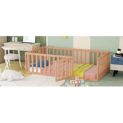 Twin Size Wood Floor Bed Frame with Fence and Door, Natural - Streamdale Furniture