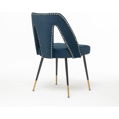 Akoya Collection Modern Contemporary Velvet Upholstered Dining Chair with Nailheads and Gold Tipped Black Metal Legs, Blue, Set of 2