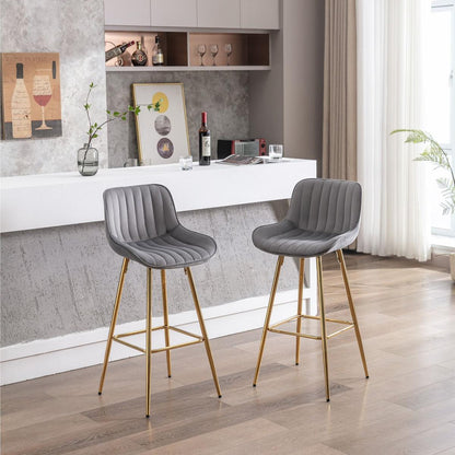 30 inch Set of 2 Bar Stools, with Chrome Footrest Velvet Fabric Counter Stool Golden Leg Simple High Bar Stool, GRAY - Streamdale Furniture