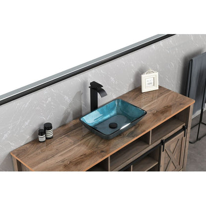 18.125" L -13.0" W -12.0" H Handmade Countertop Glass Rectangular Vessel Bathroom Sink Set in Blue Glass with Matte Black Single-Handle Single Hole Faucet and Pop Up Drain