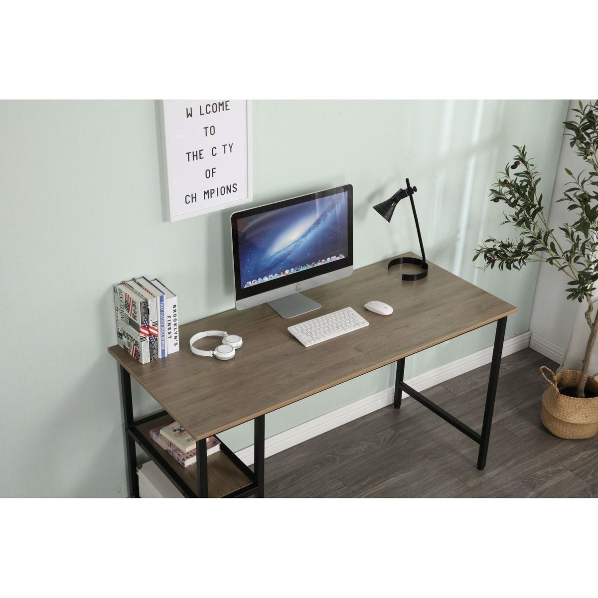 55-inch oversized light gray wood grain, best-selling home office computer desk, study writing desk with two-layer bookshelf