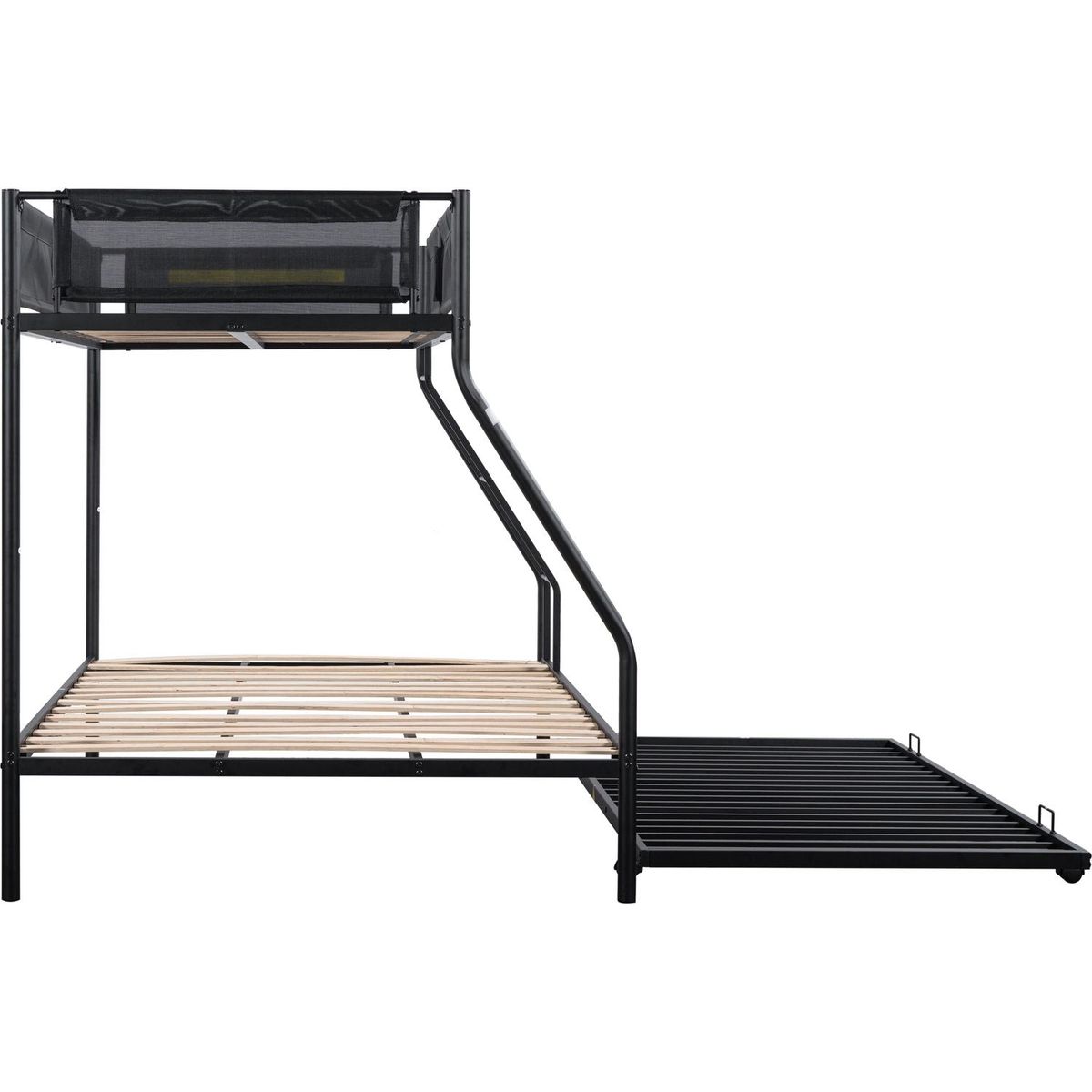 Twin over Full Metal Bunk Bed with Trundle (Wood Slat and Textilene Guardrail)