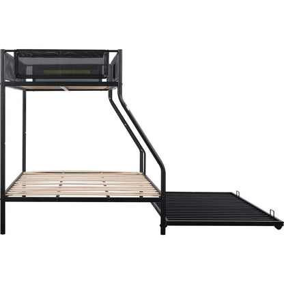 Twin over Full Metal Bunk Bed with Trundle (Wood Slat and Textilene Guardrail)