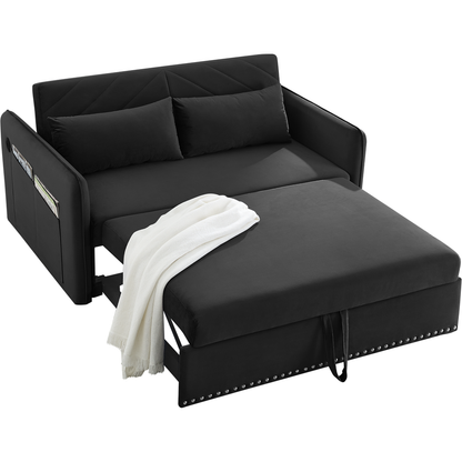 Pull-out sofa sleeper, 3-in-1 adjustable sleeper with pull-out bed, 2 lumbar pillows and side pocket, soft velvet convertible sleeper sofa bed, suitable for living room bedroom.