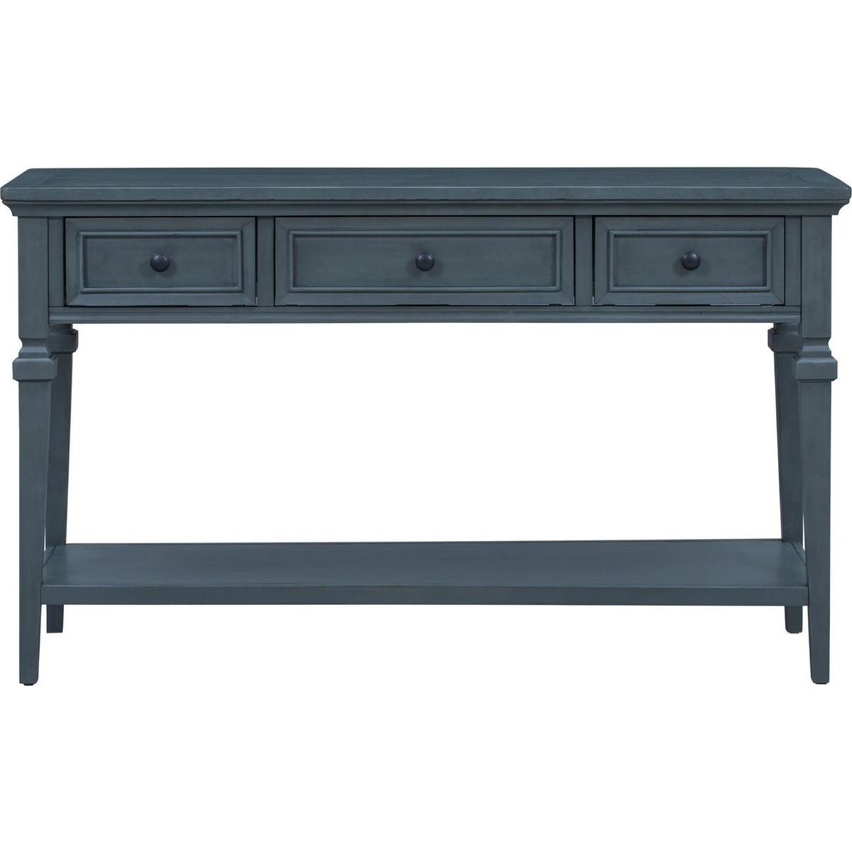 Classic Retro Style Console Table with Three Top Drawers and Open Style Bottom Shelf, Easy Assembly (Navy)