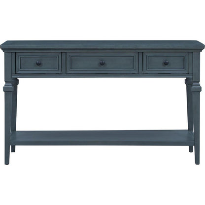 Classic Retro Style Console Table with Three Top Drawers and Open Style Bottom Shelf, Easy Assembly (Navy)