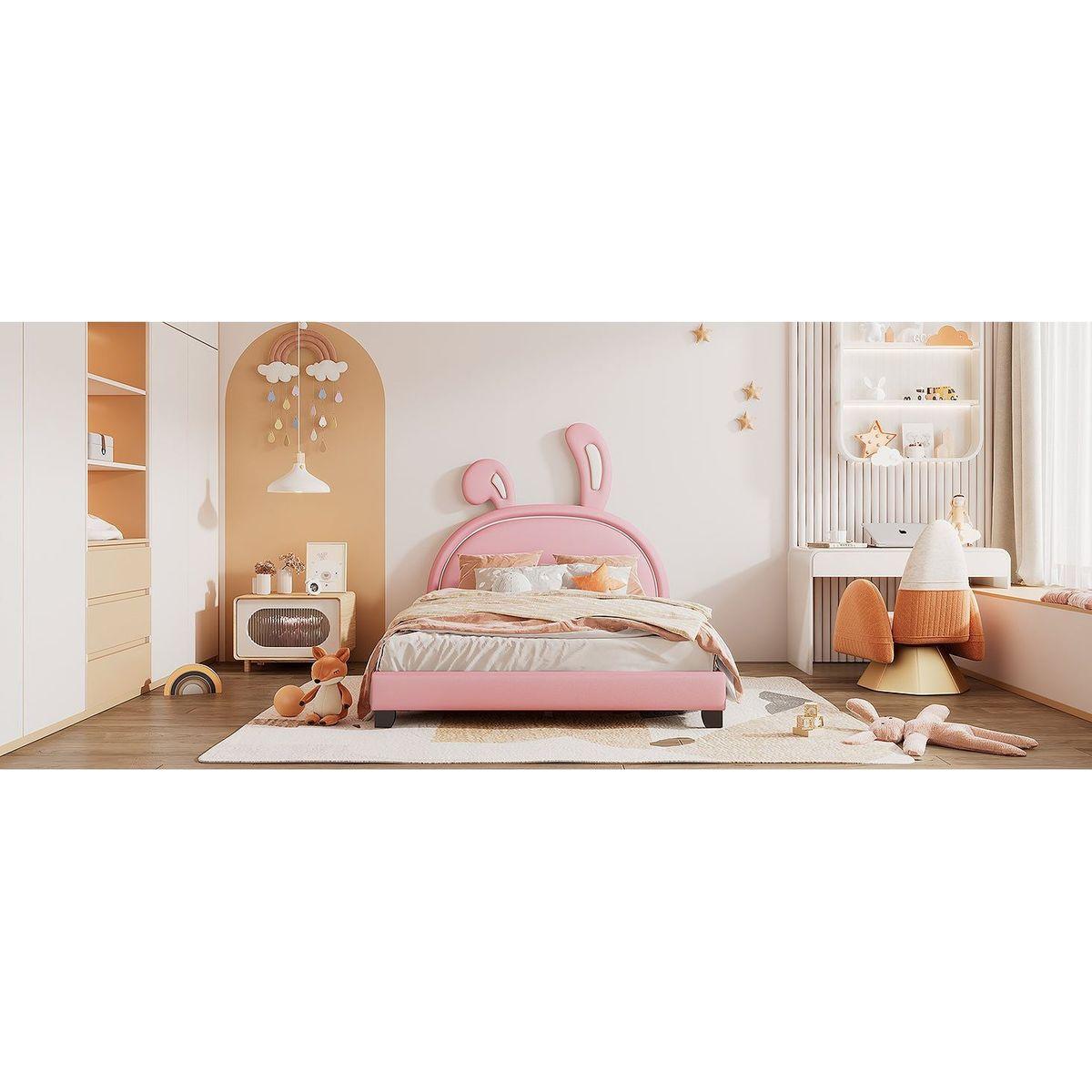 Full Size Upholstered Leather Platform Bed with Rabbit Ornament, Pink