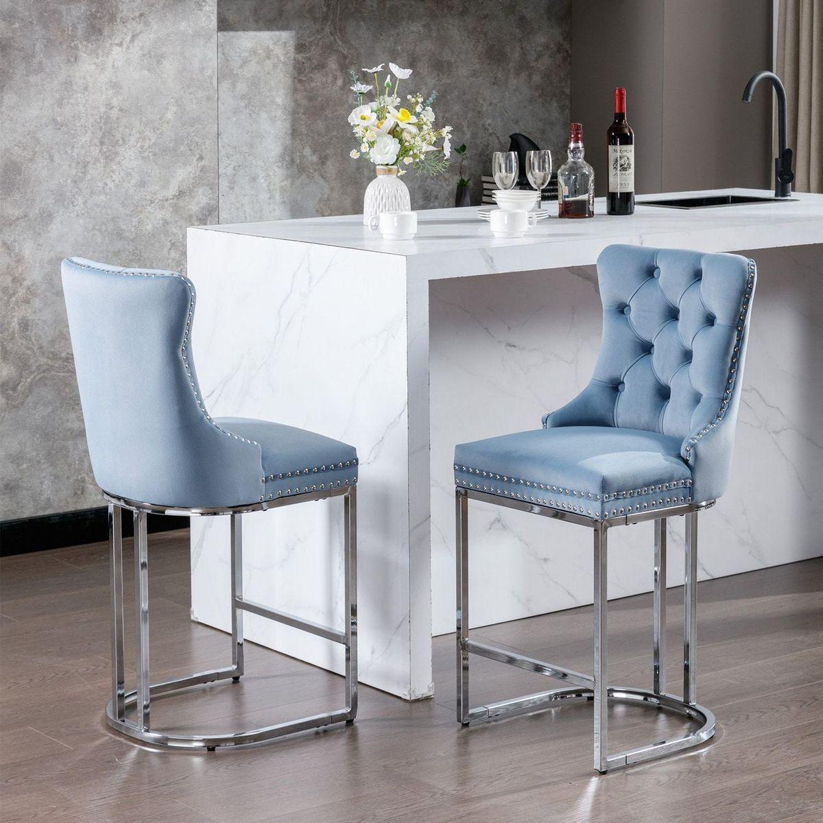 26" Counter Height Bar Stools Set of 2, Modern Velvet Barstools with Button Back&Rivet Trim Upholstered Kitchen Island Chairs with Sturdy Chromed Metal Base Legs Farmhouse Bar Stools, Light Blue, 2 Pack