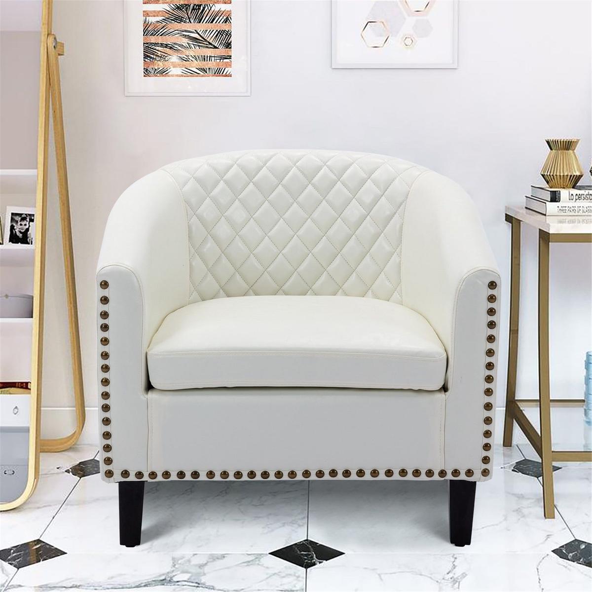 accent Barrel chair living room chair with nailheads and solid wood legs white pu leather