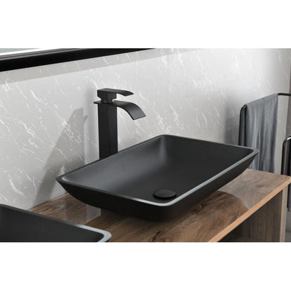 14.38" L -22.25" W -4-3/8 in. H Matte Shell Glass Rectangular Vessel Bathroom Sink in Black with Faucet and Pop-Up Drain in Matte Black