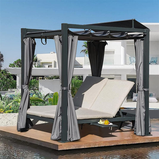 Aluminum Outdoor Patio Daybed with Retractable Canopy Bed, Double Chaise Lounge Outdoor Grey Curtain with Beige Cushion & Cup Holder, for Outside Pool,Garden,Backyard,Lawn