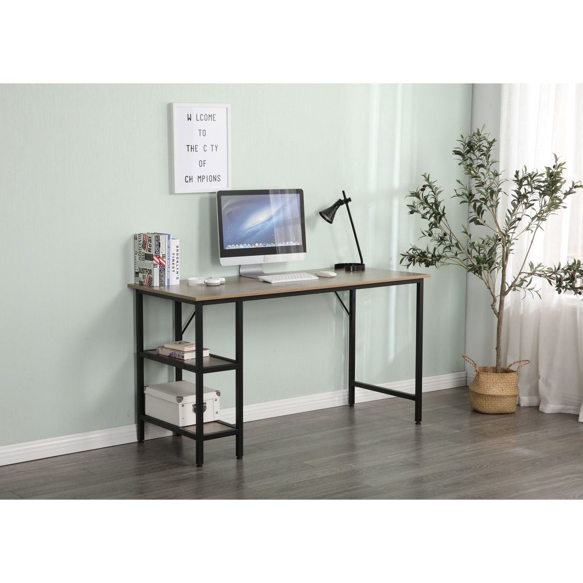 55-inch oversized light gray wood grain, best-selling home office computer desk, study writing desk with two-layer bookshelf