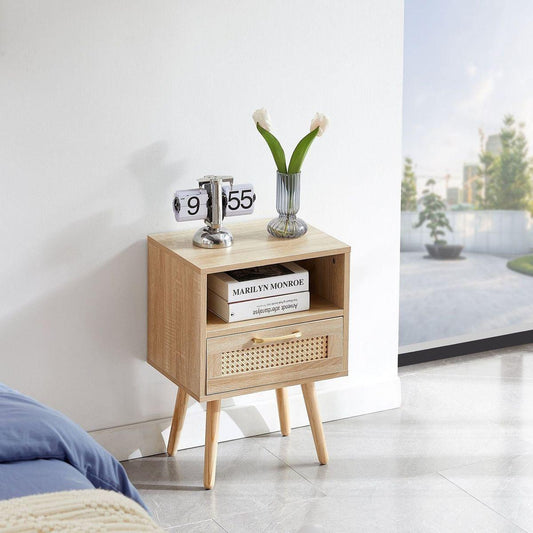 15.75" Rattan End table with drawer and solid wood legs, Modern nightstand, side table for living roon, bedroom, natural