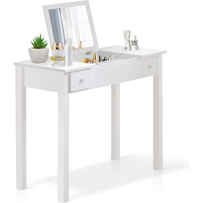 Accent White Vanity Table with Flip-Top Mirror and 2 Drawers, Jewelry Storage for Women Dressing