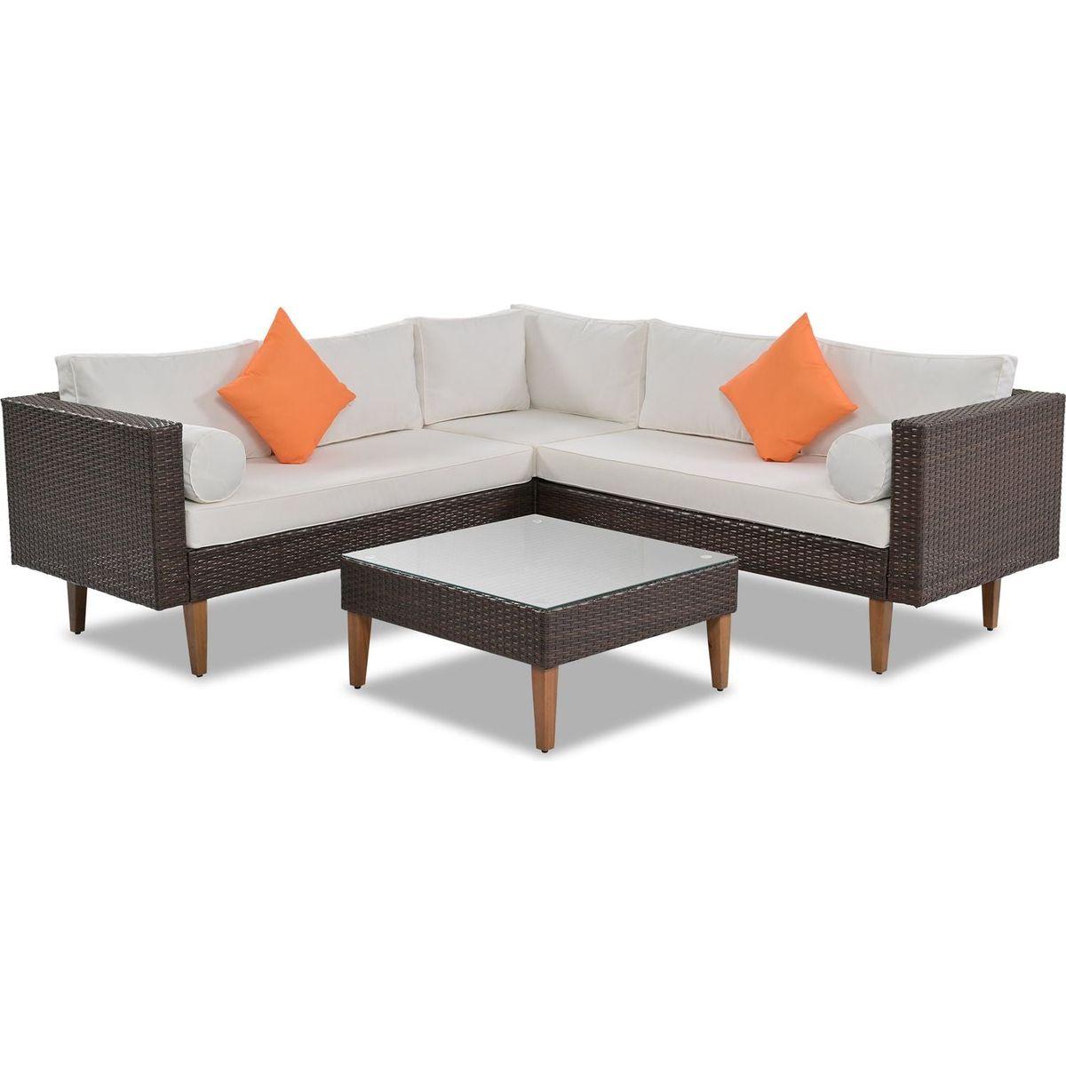 GO 4-pieces Outdoor Wicker Sofa Set, Patio Furniture with Colorful Pillows, L-shape sofa set, Beige cushions and Brown Rattan