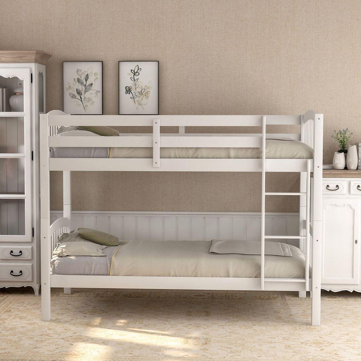 Twin Over Twin Bunk Bed with Ladder, White - Streamdale Furniture