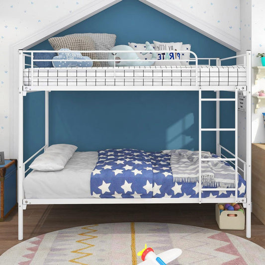 Twin-Over-Twin Bunk Bed with Metal Frame and Ladder, Space-Saving Design, White - Streamdale Furniture