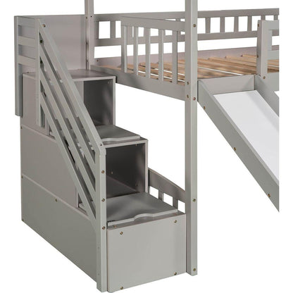 Twin Loft Bed with Two Drawers and Slide, House Bed with Slide, Gray