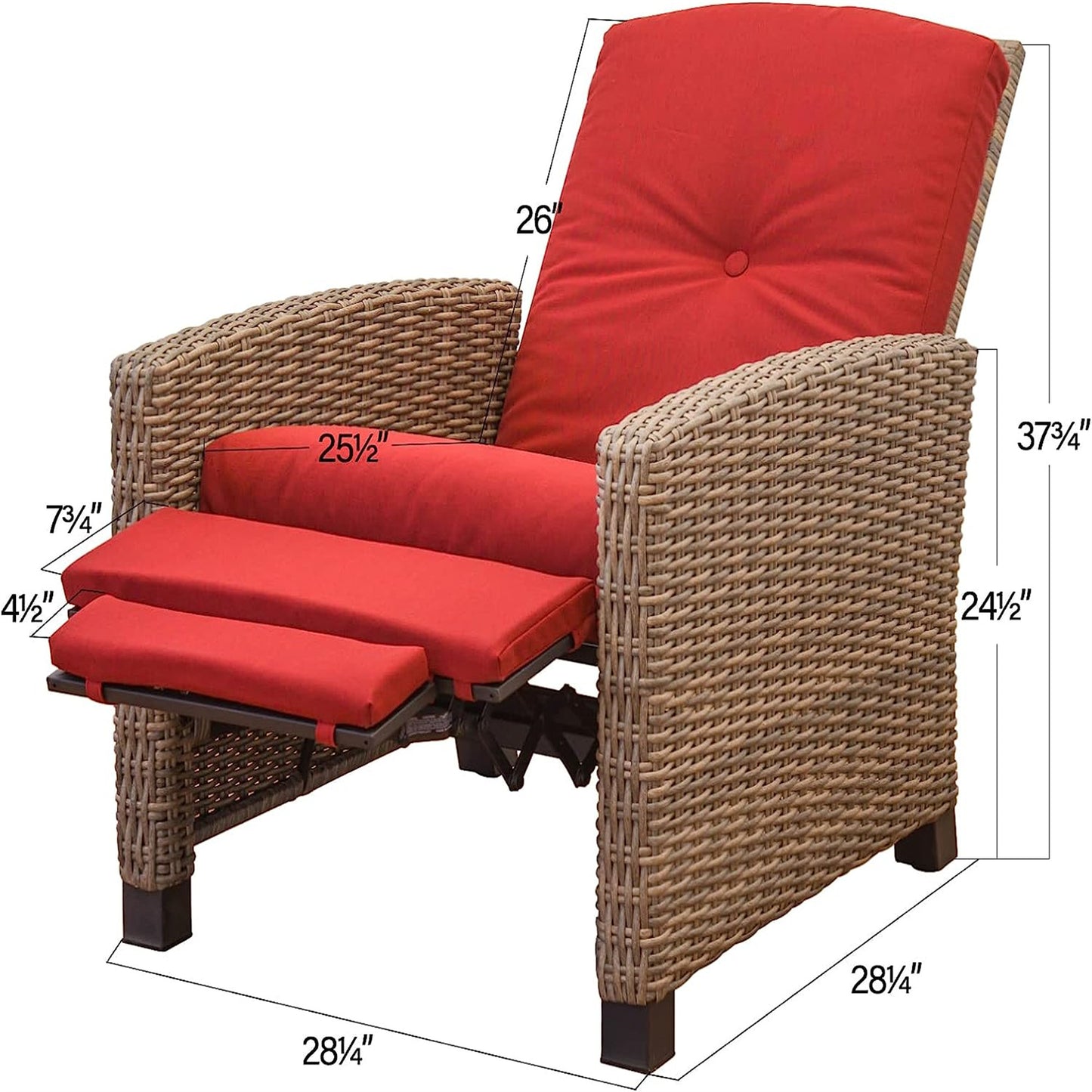 Indoor & Outdoor Recliner, All-Weather Wicker Reclining Patio Chair, Red Cushion (Red, 1 Chair)