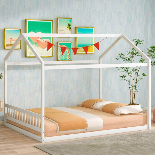 Queen Size Wooden House Bed with Headboard, White - Streamdale Furniture