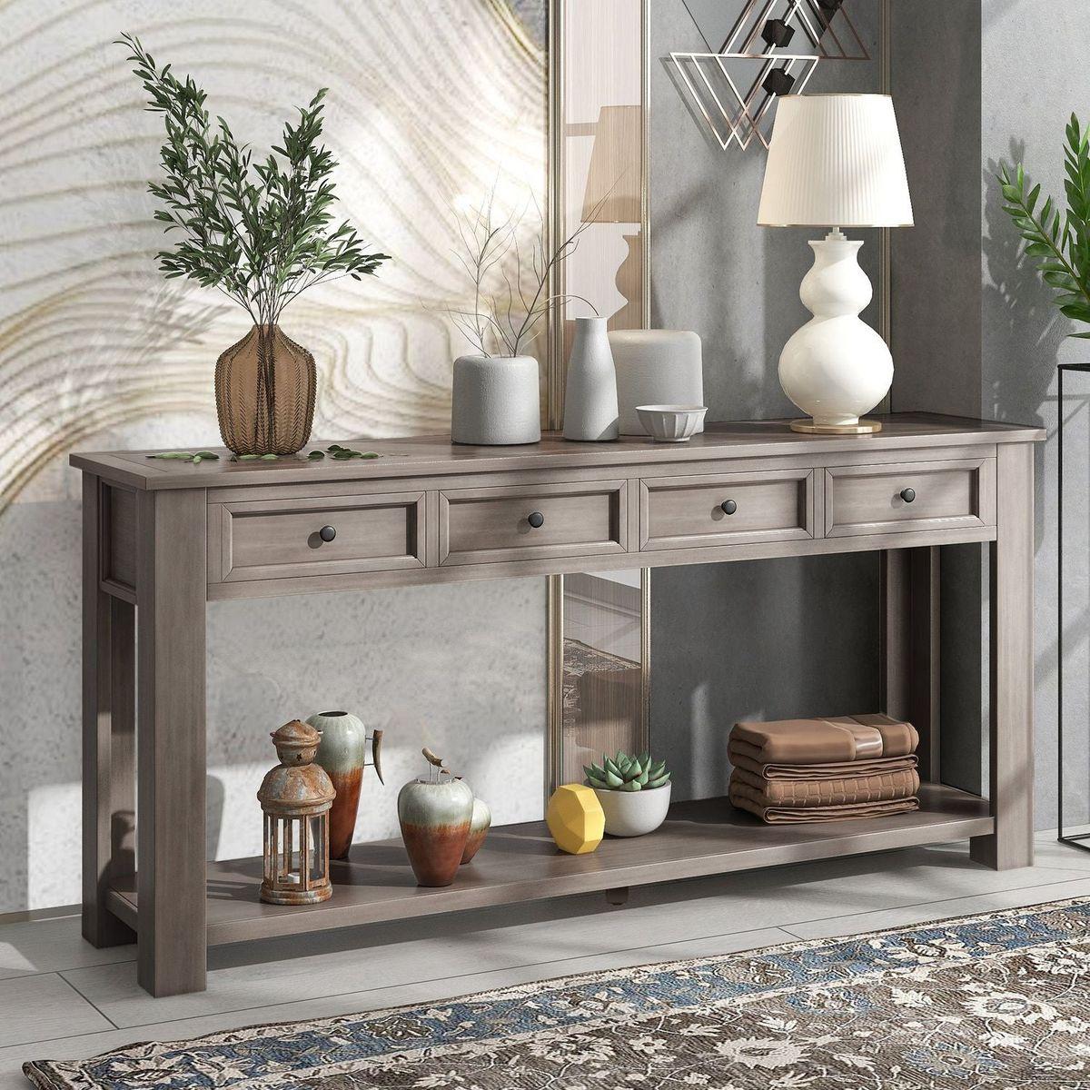 Console Table/Sofa Table with Storage Drawers and Bottom Shelf for Entryway Hallway (Gray Wash)