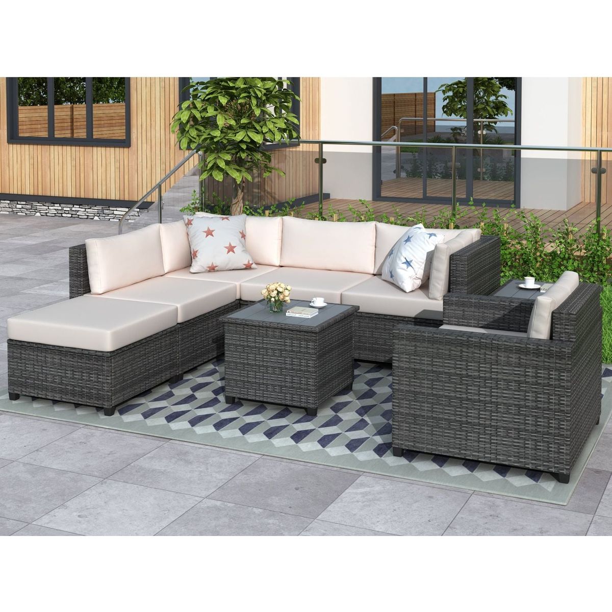 8 Piece Rattan Sectional Seating Group with Cushions, Patio Furniture Sets, Outdoor Wicker Sectional