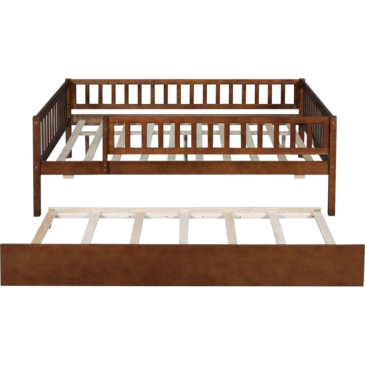 Full Size Wood Daybed with Trundle and Fence Guardrails, Walnut