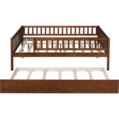 Full Size Wood Daybed with Trundle and Fence Guardrails, Walnut
