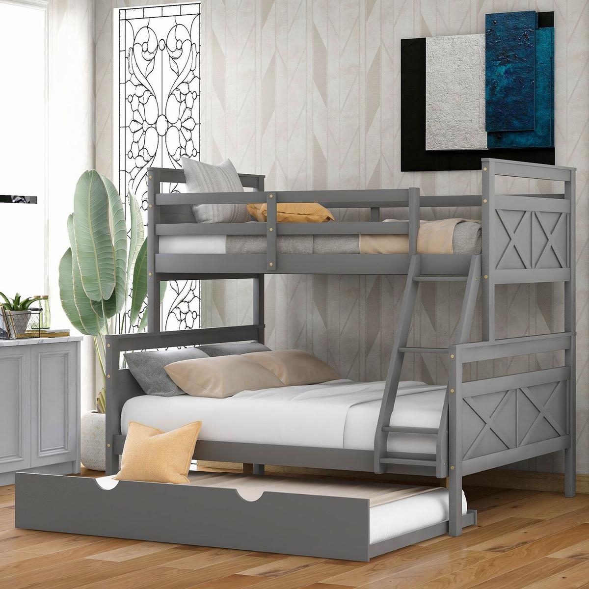 Twin over Full Bunk Bed with Ladder, Twin Size Trundle, Safety Guardrail, Gray - Streamdale Furniture
