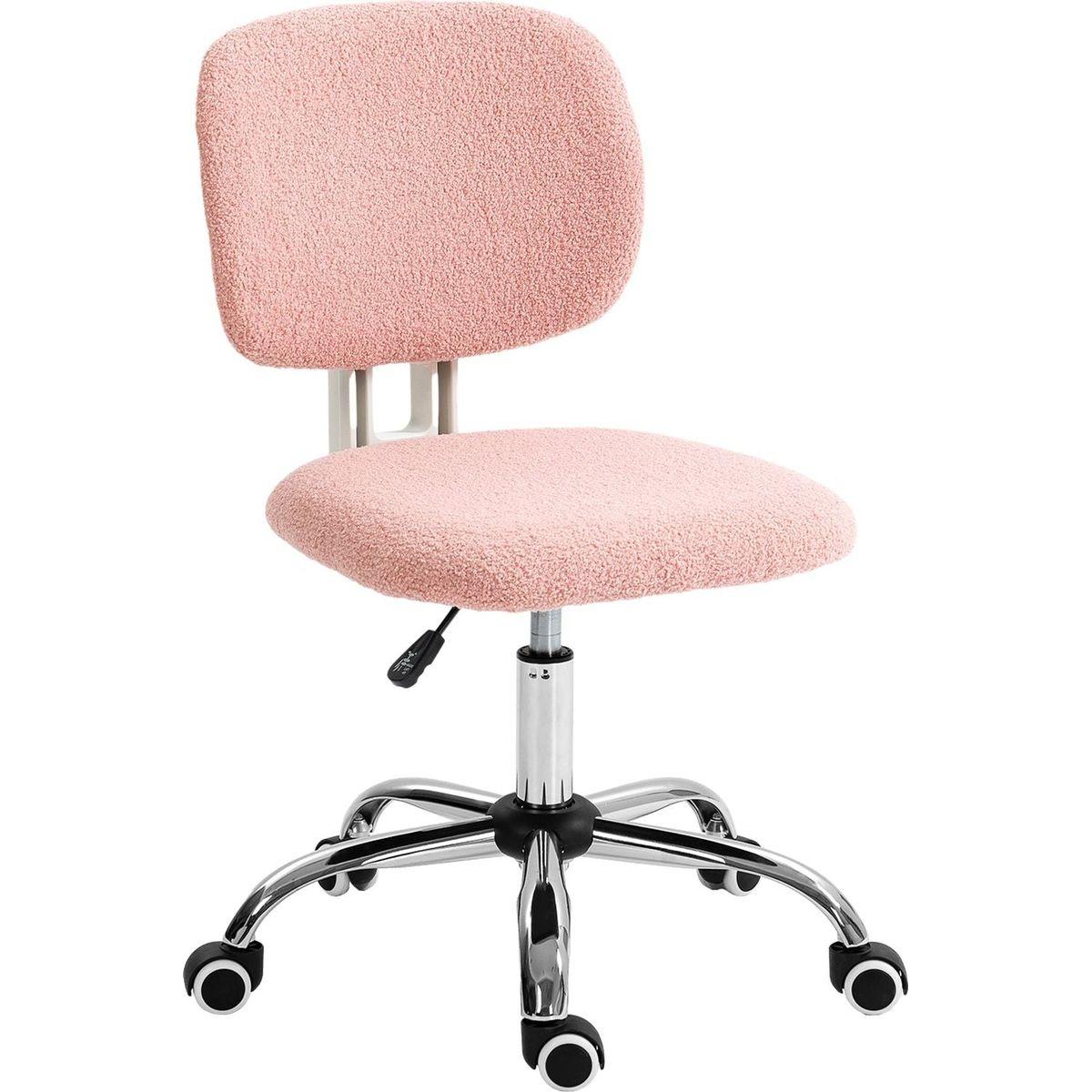 Vinsetto Cute Armless Office Chair, Teddy Fleece Fabric Computer Desk Chair, Vanity Task Chair with Adjustable Height, Swivel Wheels, Mid Back, Pink