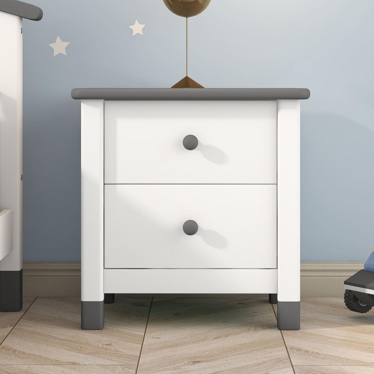 Wooden Nightstand with Two Drawers for Kids, End Table for Bedroom, White+Gray