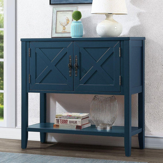 35" Farmhouse Wood Buffet Sideboard Console Table with Bottom Shelf and 2-Door Cabinet, for Living Room, Entryway, Kitchen Dining Room Furniture (Navy Blue)