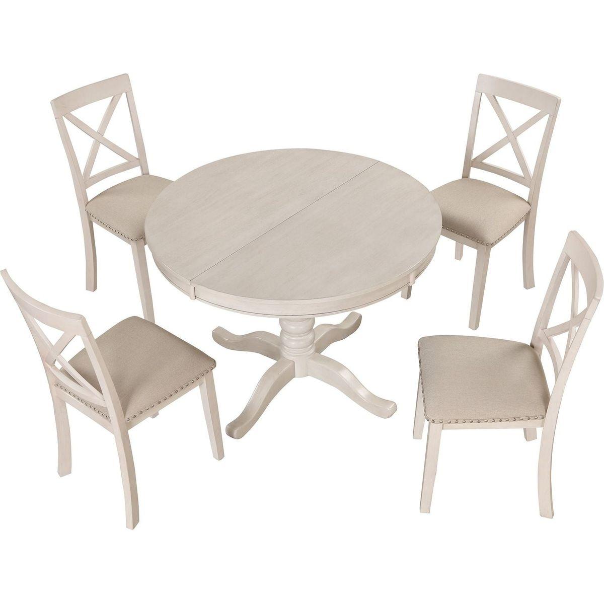 Modern Dining Table Set for 4, Round Table and 4 Kitchen Room Chairs, 5 Piece Kitchen Table Set for Dining Room, Dinette, Breakfast Nook, Antique White