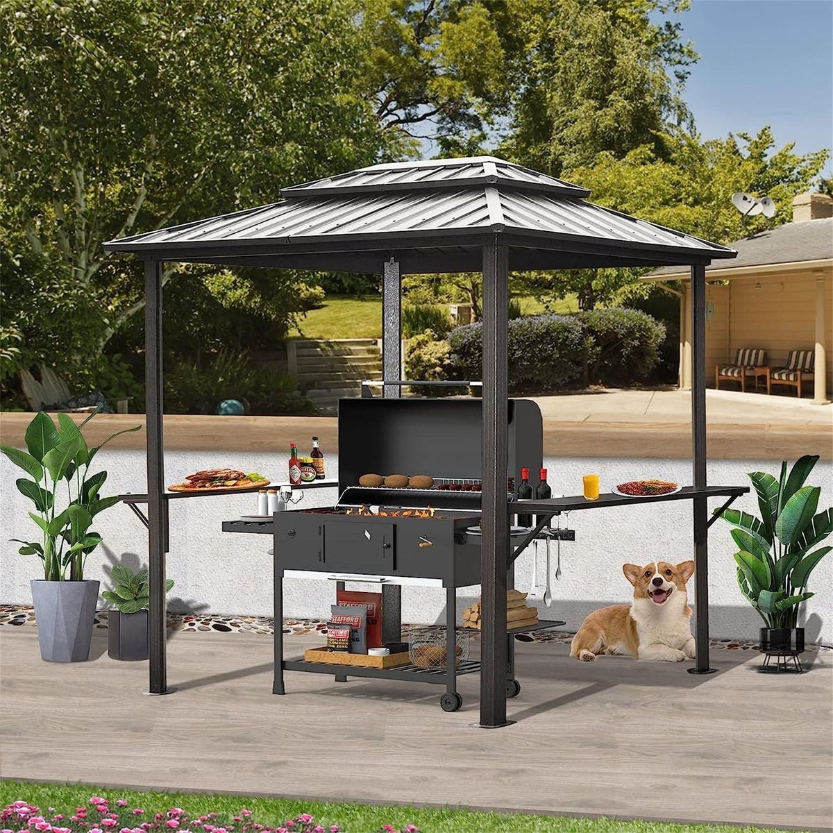 Grill Gazebo 8' x 6', Aluminum BBQ Gazebo Outdoor Metal Frame with Shelves Serving Tables, Permanent Double Roof Hard top Gazebos for Patio Lawn Deck Backyard and Garden (Grey)