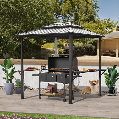 Grill Gazebo 8' x 6', Aluminum BBQ Gazebo Outdoor Metal Frame with Shelves Serving Tables, Permanent Double Roof Hard top Gazebos for Patio Lawn Deck Backyard and Garden (Grey)