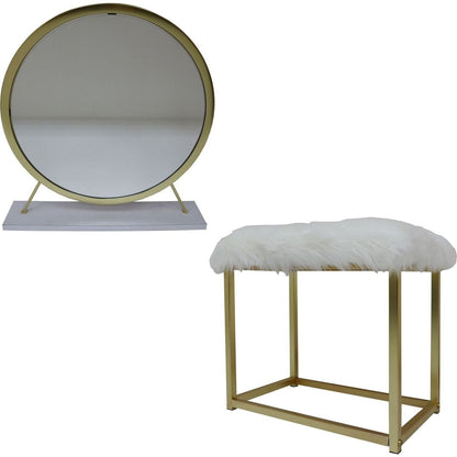 Adao Vanity Mirror & Stool in Faux Fur, Mirror, White & Brass Finish