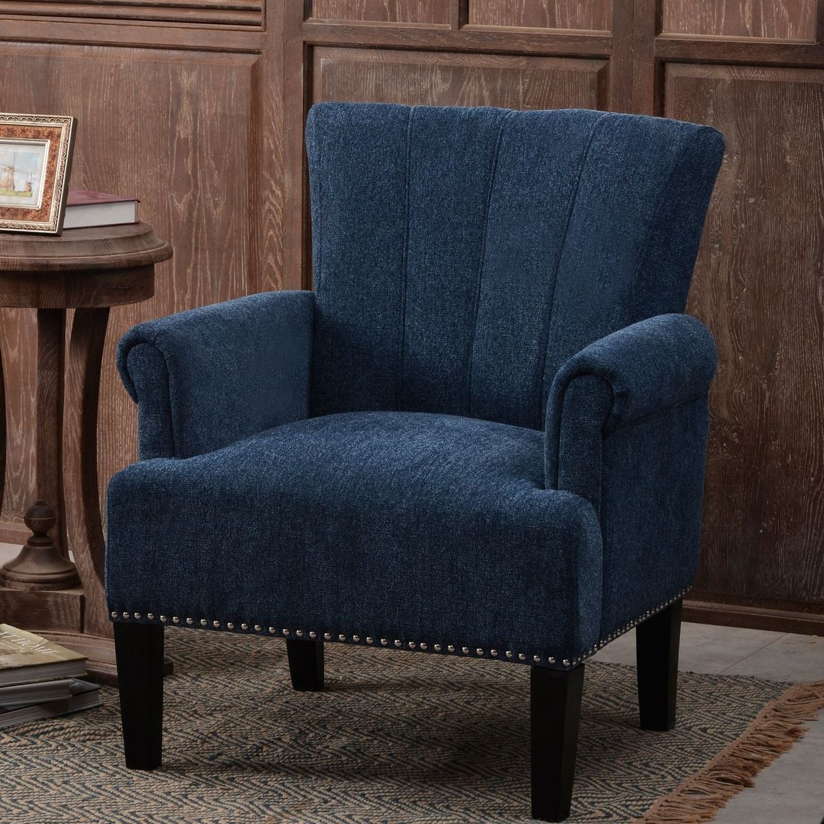 Accent Rivet Tufted Polyester Armchair, Navy Blue