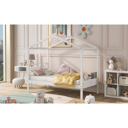 Twin Size Wood House Bed with Storage Space, White