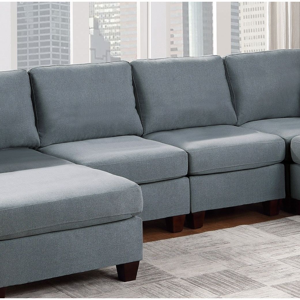 Modular Sectional 6pc Set Living Room Furniture U-Sectional Couch Grey Linen Like Fabric 2x Corner Wedge 2x Armless Chairs and 2x Ottomans