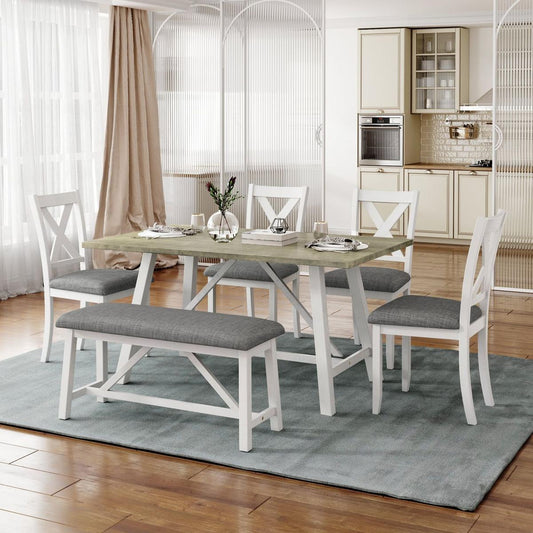 6 Piece Dining Table Set Wood Dining Table and chair Kitchen Table Set with Table, Bench and 4 Chairs, Rustic Style, White+Gray