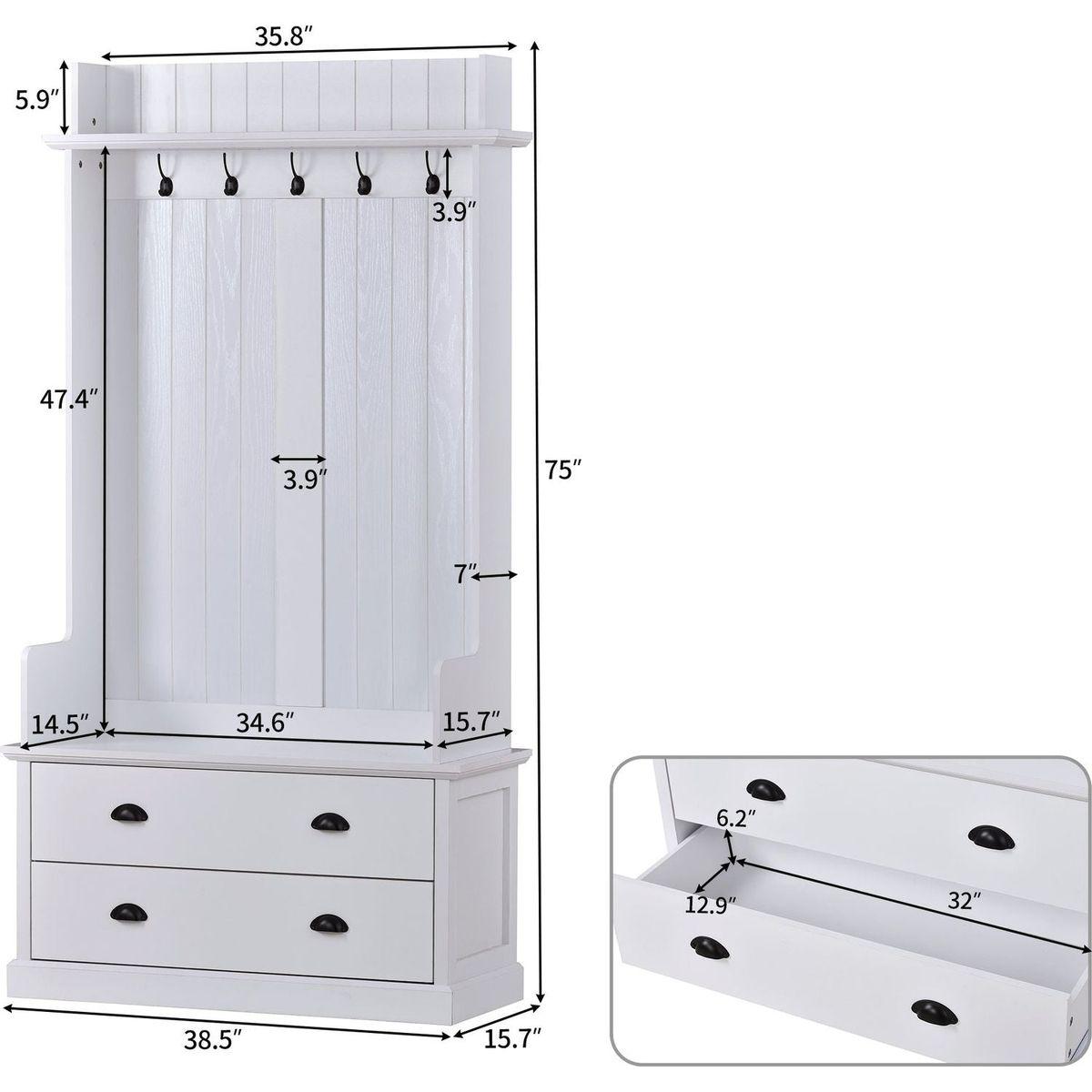 Vintage Style 38.5" Wide Hallway Coat Rack with 5 Metal Hooks and 2 Large Drawers Hall Tree, Metal drawer Handles Entryway Bench Coat Hanger, White