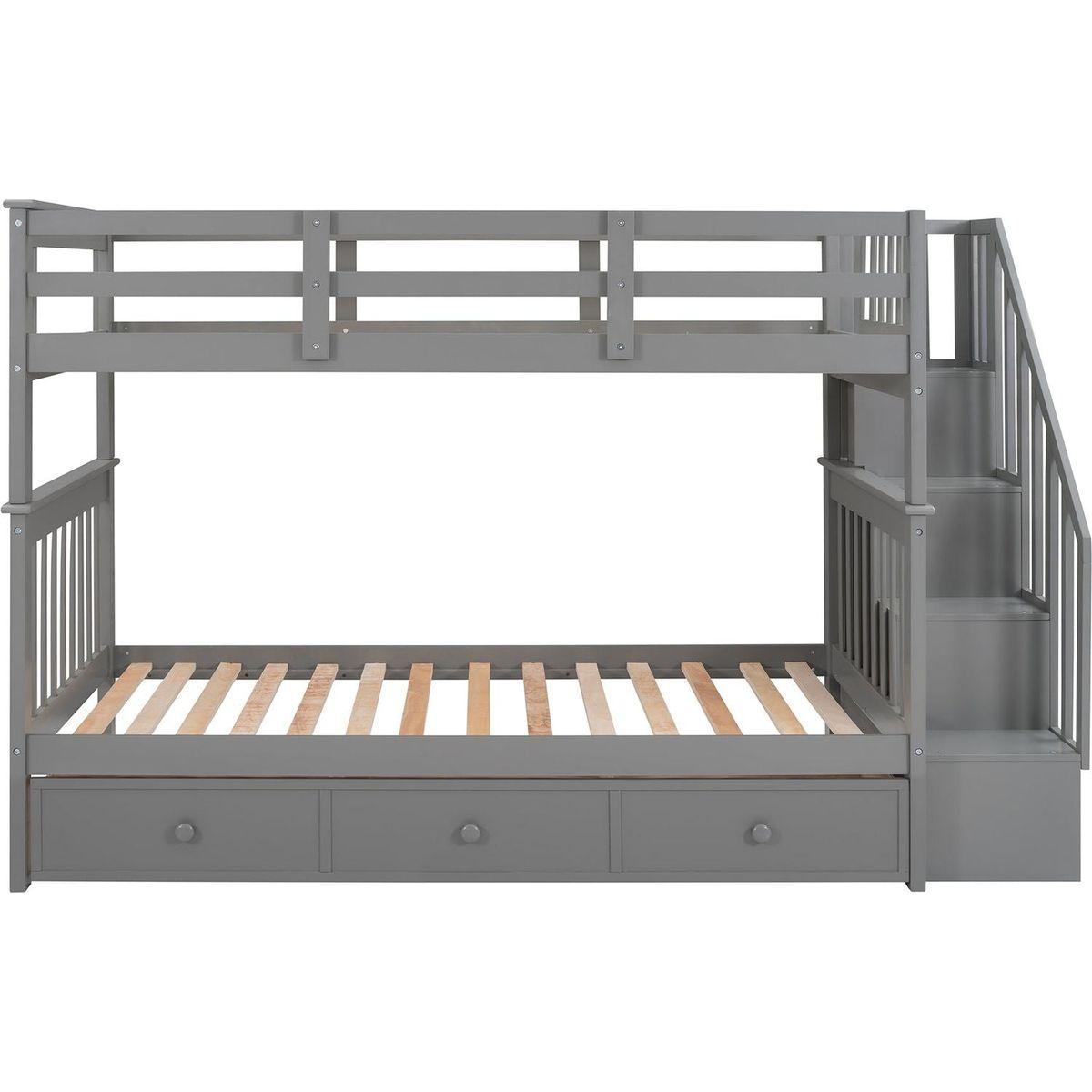 Stairway Twin-Over-Twin Bunk Bed with Three Drawers for Bedroom, Dorm - Gray - Streamdale Furniture