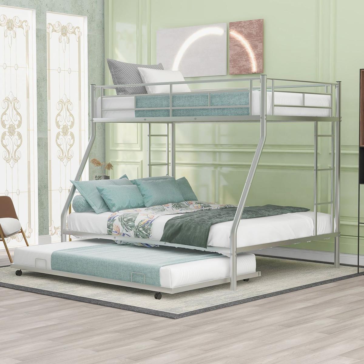 Twin over Full Bed with Sturdy Steel Frame, Bunk Bed with Twin Size Trundle, Two-Side Ladders, Silver